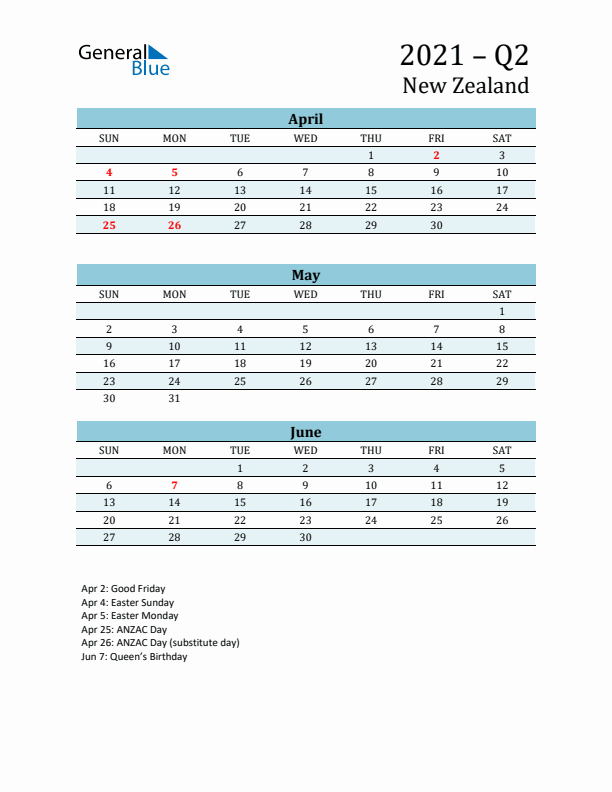 Three-Month Planner for Q2 2021 with Holidays - New Zealand