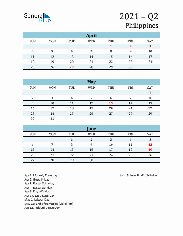 Three-Month Planner for Q2 2021 with Holidays - Philippines