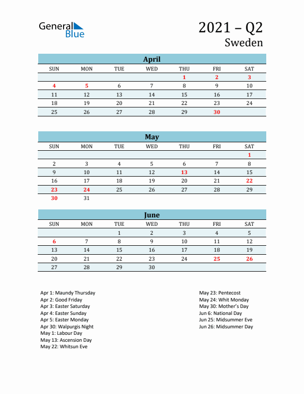 Three-Month Planner for Q2 2021 with Holidays - Sweden