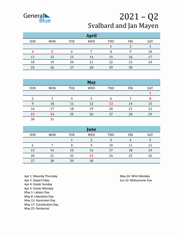 Three-Month Planner for Q2 2021 with Holidays - Svalbard and Jan Mayen