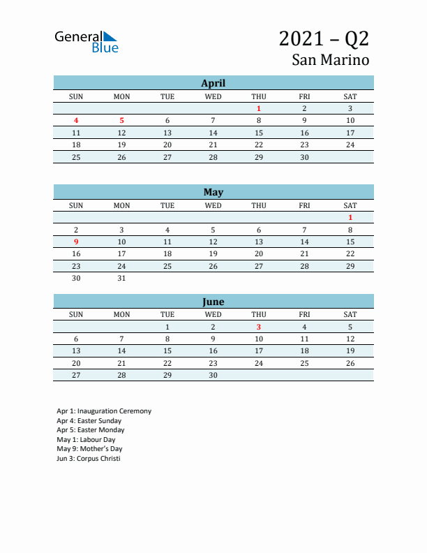 Three-Month Planner for Q2 2021 with Holidays - San Marino