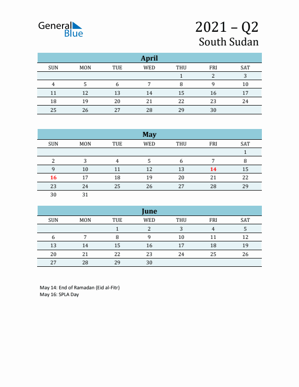 Three-Month Planner for Q2 2021 with Holidays - South Sudan