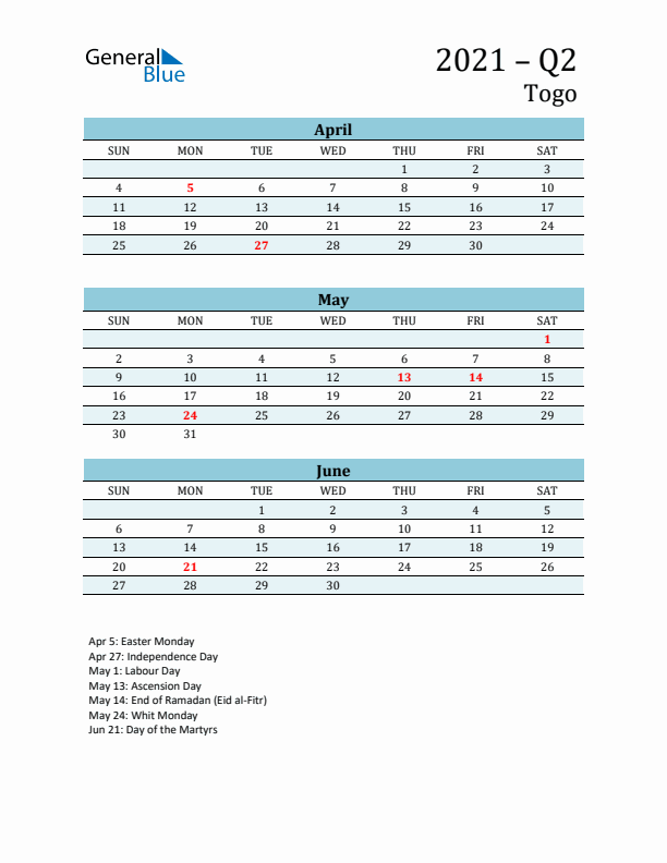 Three-Month Planner for Q2 2021 with Holidays - Togo