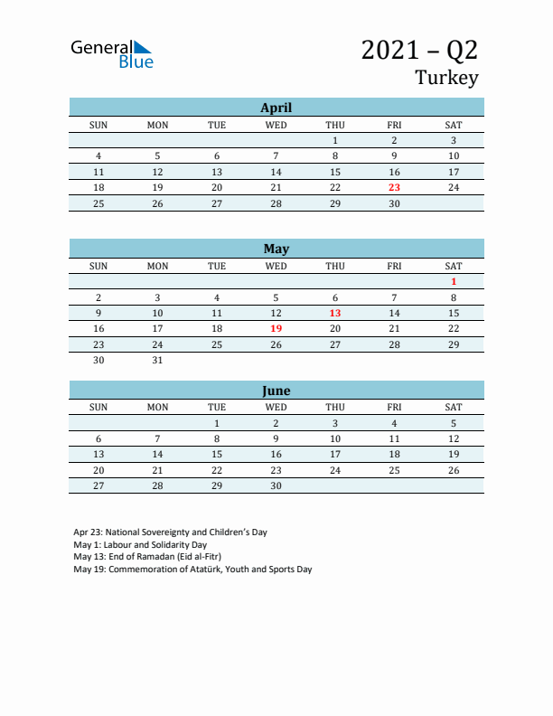 Three-Month Planner for Q2 2021 with Holidays - Turkey