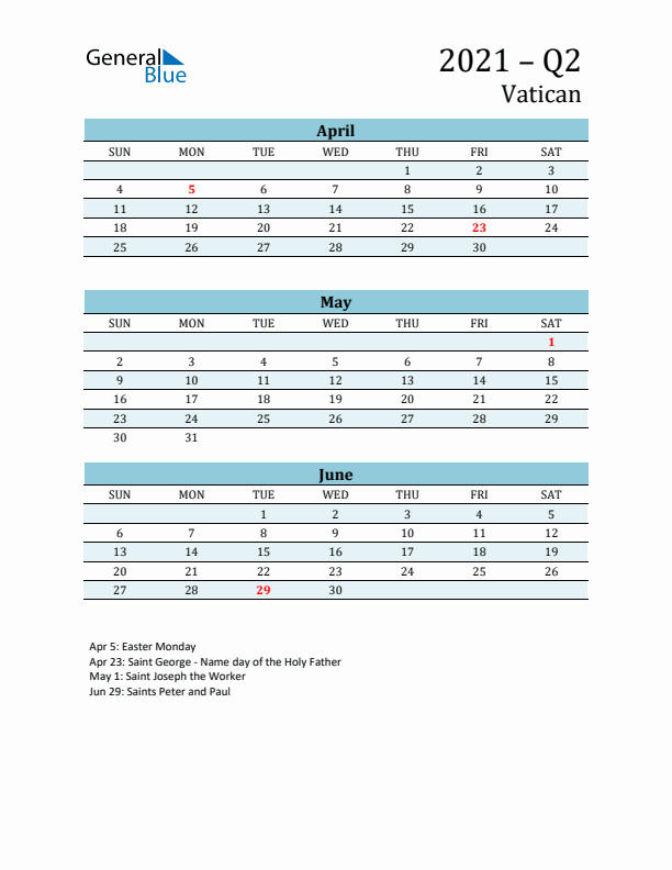 Three-Month Planner for Q2 2021 with Holidays - Vatican