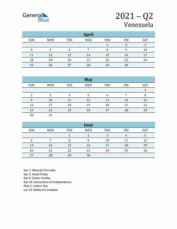 Three-Month Planner for Q2 2021 with Holidays - Venezuela