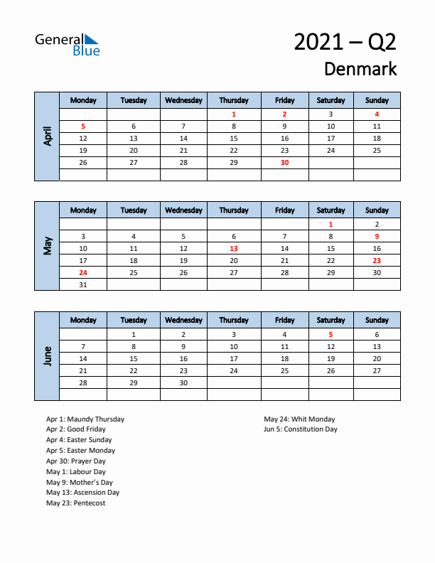 Free Q2 2021 Calendar for Denmark - Monday Start