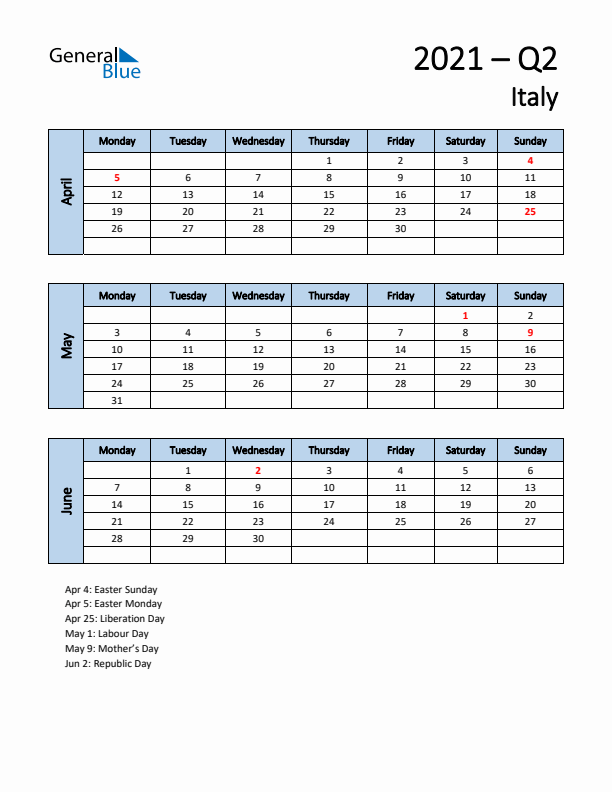 Free Q2 2021 Calendar for Italy - Monday Start