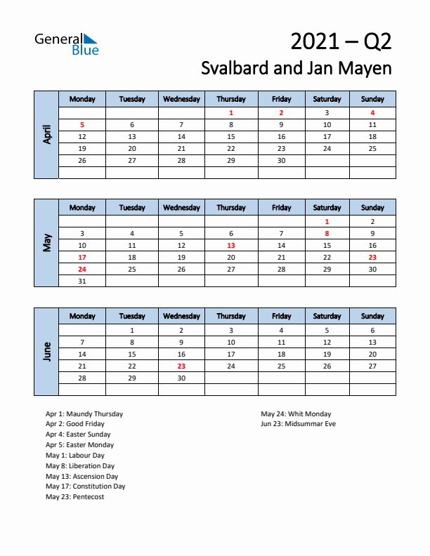 Free Q2 2021 Calendar for Svalbard and Jan Mayen - Monday Start