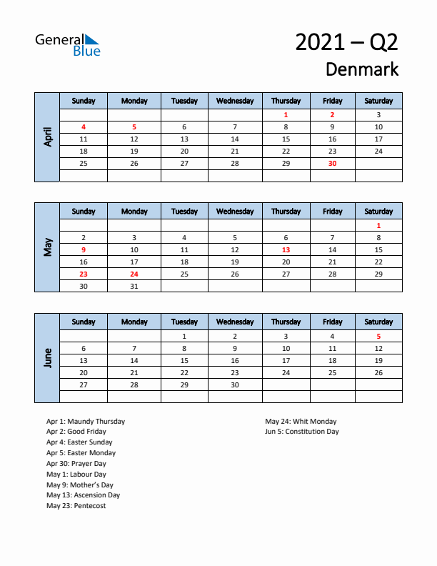 Free Q2 2021 Calendar for Denmark - Sunday Start