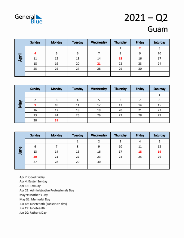 Free Q2 2021 Calendar for Guam - Sunday Start