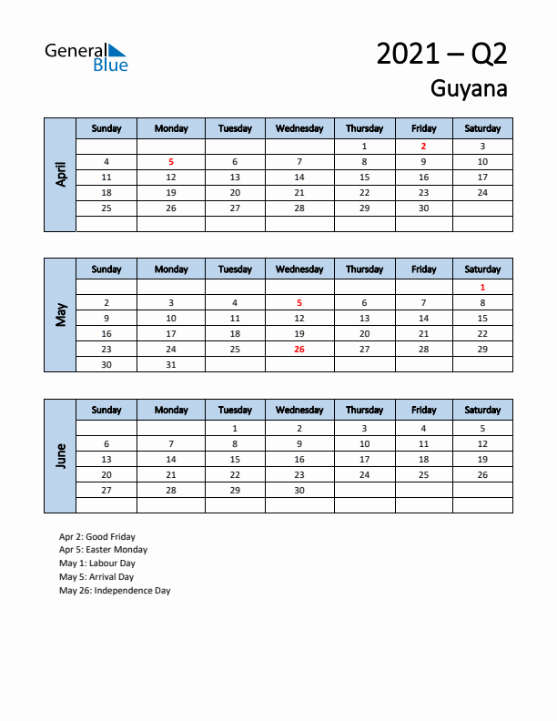 Free Q2 2021 Calendar for Guyana - Sunday Start