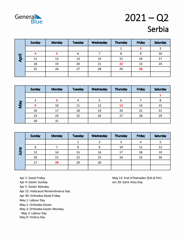 Free Q2 2021 Calendar for Serbia - Sunday Start