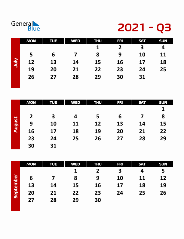 Editable Quarterly Calendar (Monday Start)