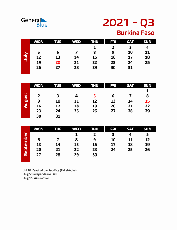 Q3 2021 Calendar with Holidays in Burkina Faso