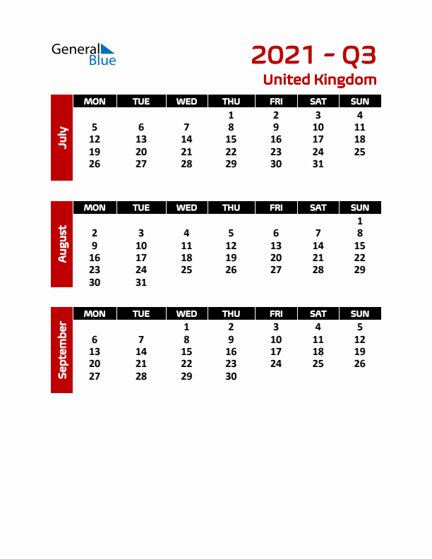 Q3 2021 Calendar with Holidays in United Kingdom