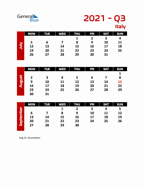 Q3 2021 Calendar with Holidays in Italy