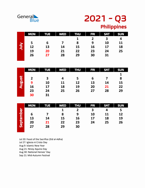 Q3 2021 Calendar with Holidays in Philippines