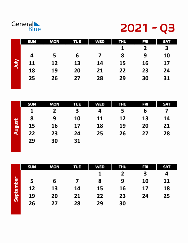 Editable Quarterly Calendar (Sunday Start)