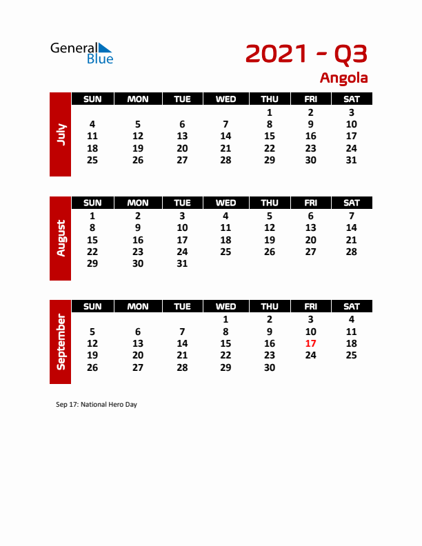 Q3 2021 Calendar with Holidays in Angola