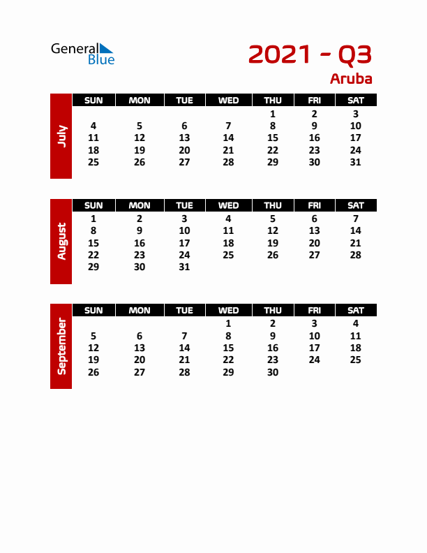 Q3 2021 Calendar with Holidays in Aruba