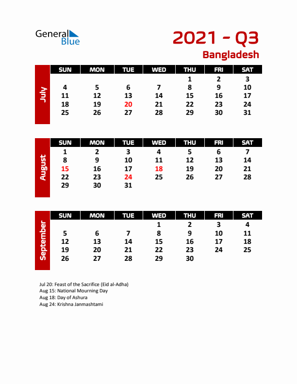 Q3 2021 Calendar with Holidays in Bangladesh