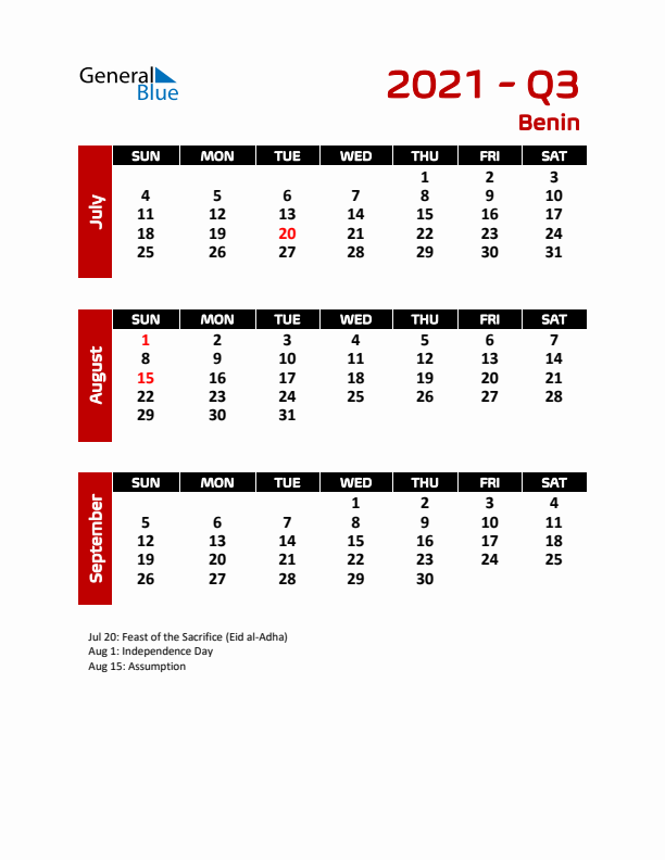 Q3 2021 Calendar with Holidays in Benin