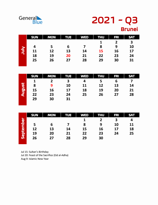 Q3 2021 Calendar with Holidays in Brunei