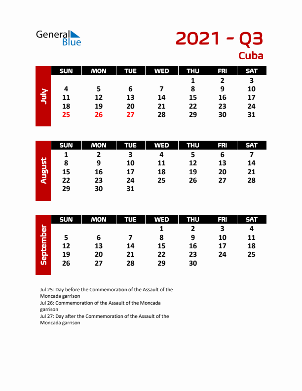 Q3 2021 Calendar with Holidays in Cuba