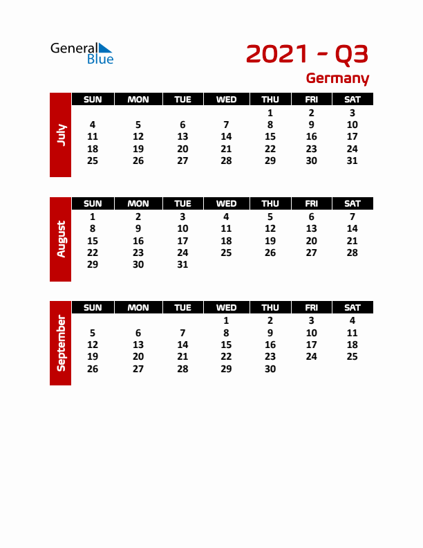 Q3 2021 Calendar with Holidays in Germany