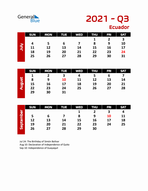 Q3 2021 Calendar with Holidays in Ecuador