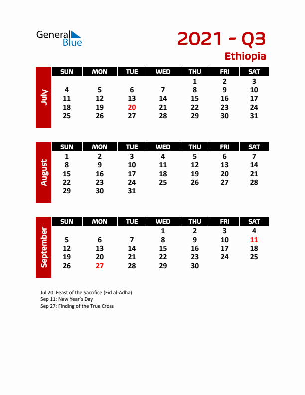 Q3 2021 Calendar with Holidays in Ethiopia