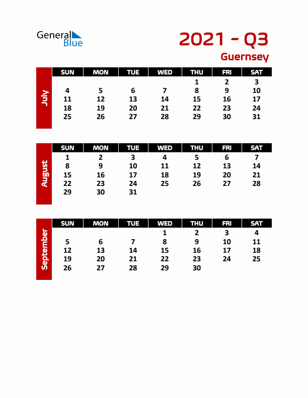 Q3 2021 Calendar with Holidays in Guernsey