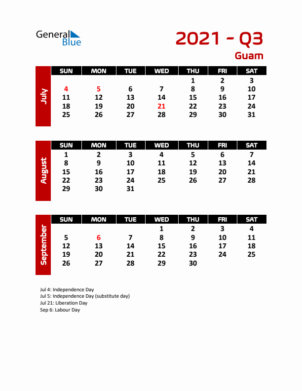 Q3 2021 Calendar with Holidays in Guam