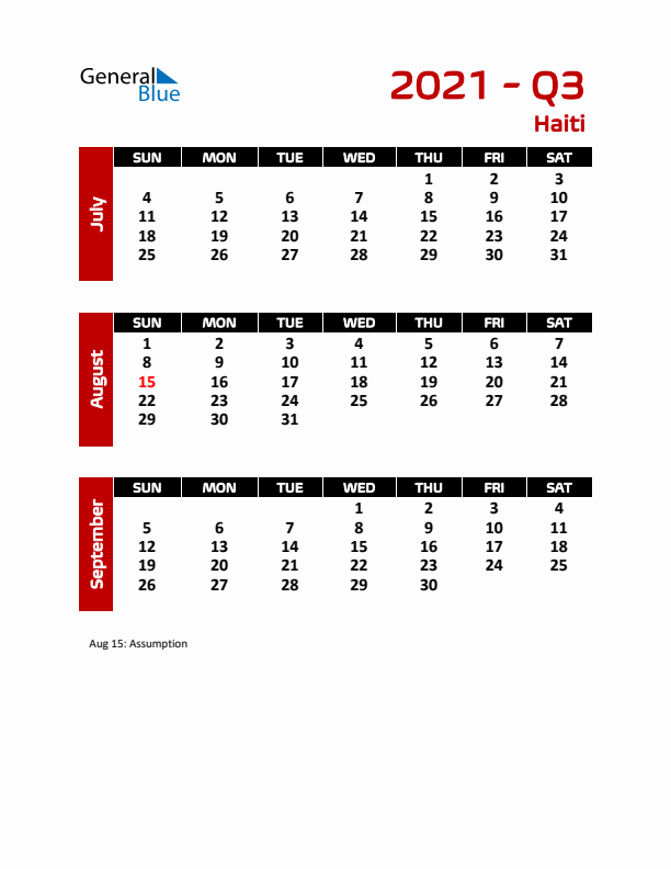 Q3 2021 Calendar with Holidays in Haiti