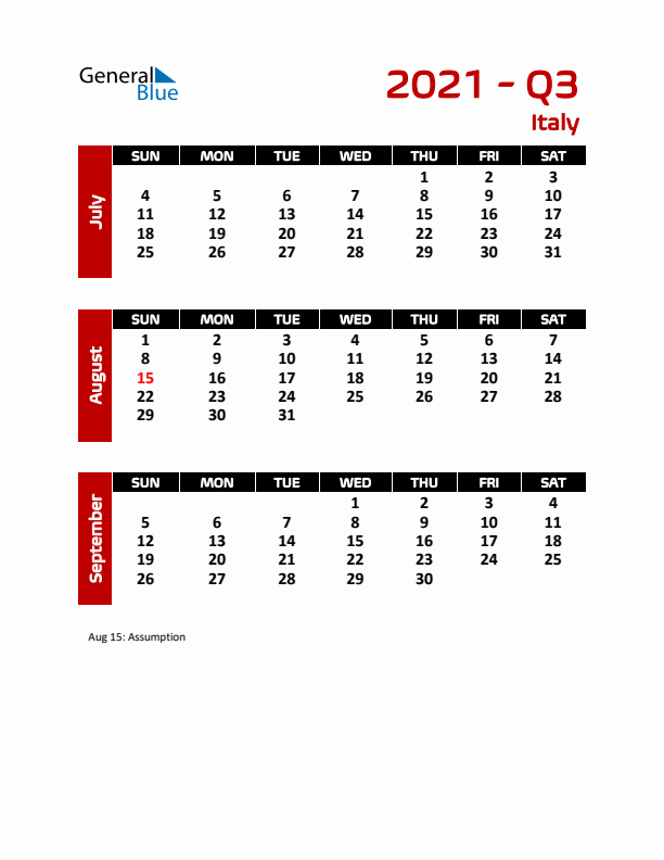 Q3 2021 Calendar with Holidays in Italy