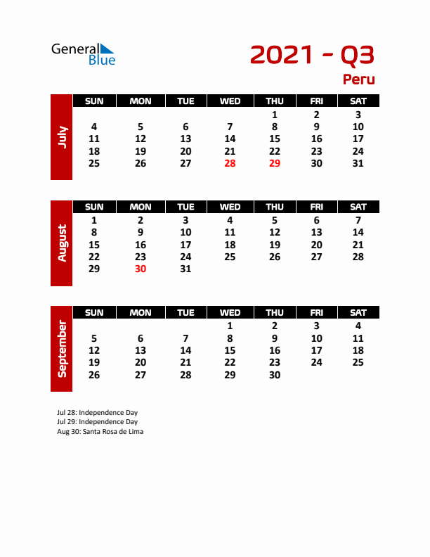 Q3 2021 Calendar with Holidays in Peru