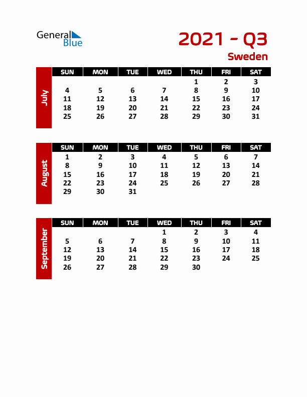 Q3 2021 Calendar with Holidays in Sweden