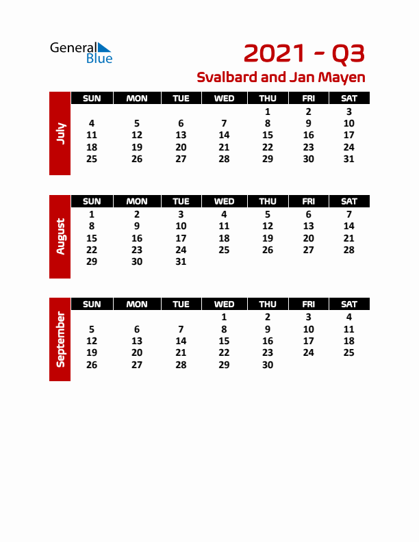 Q3 2021 Calendar with Holidays in Svalbard and Jan Mayen