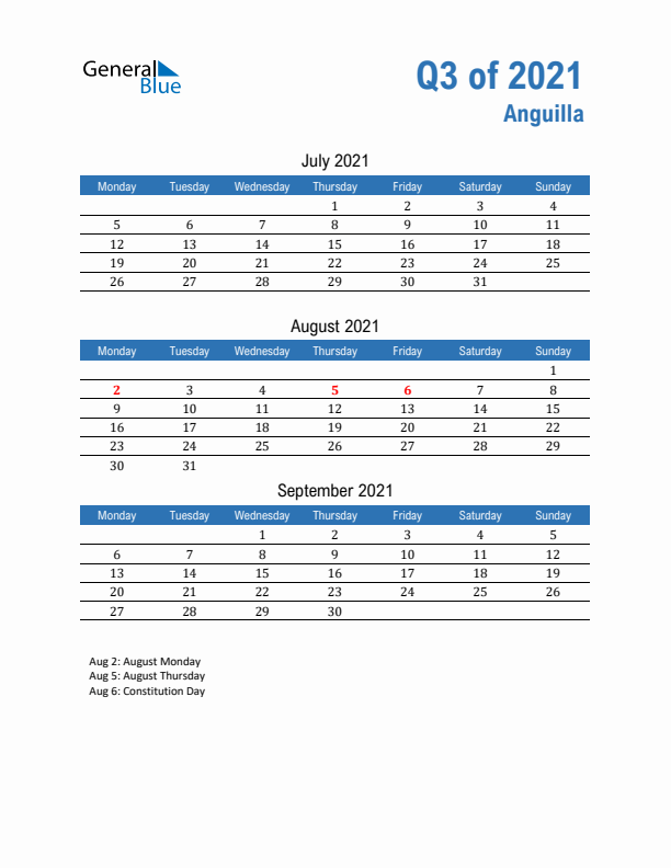 Anguilla Q3 2021 Quarterly Calendar with Monday Start