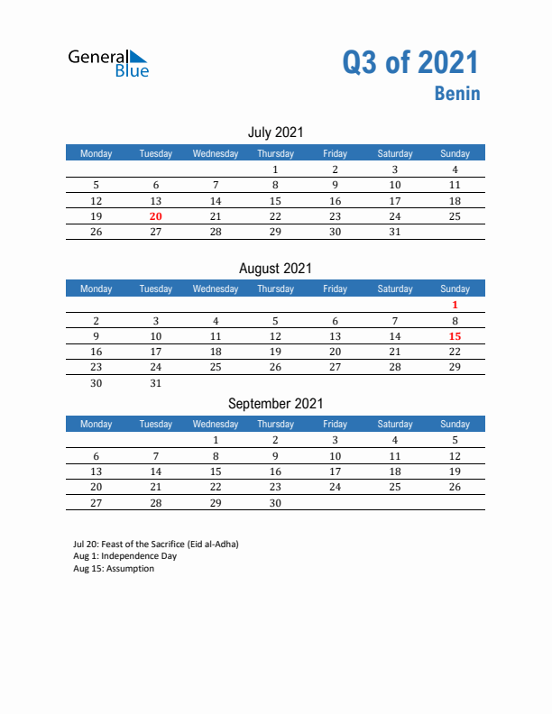 Benin Q3 2021 Quarterly Calendar with Monday Start