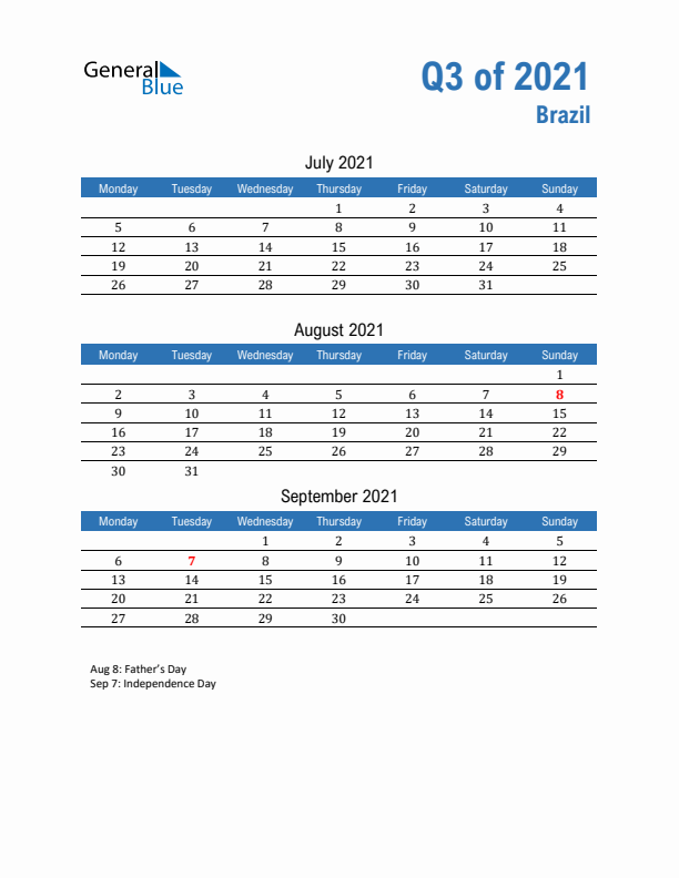 Brazil Q3 2021 Quarterly Calendar with Monday Start