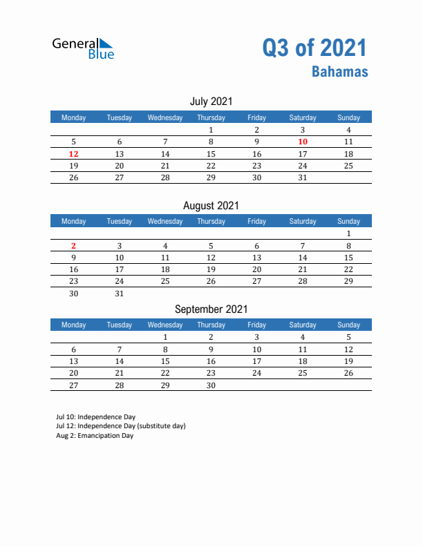 Bahamas Q3 2021 Quarterly Calendar with Monday Start