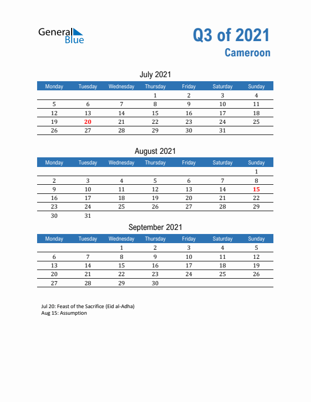 Cameroon Q3 2021 Quarterly Calendar with Monday Start