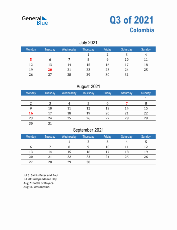 Colombia Q3 2021 Quarterly Calendar with Monday Start