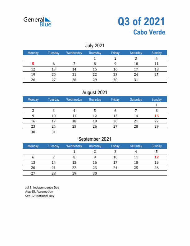 Cabo Verde Q3 2021 Quarterly Calendar with Monday Start