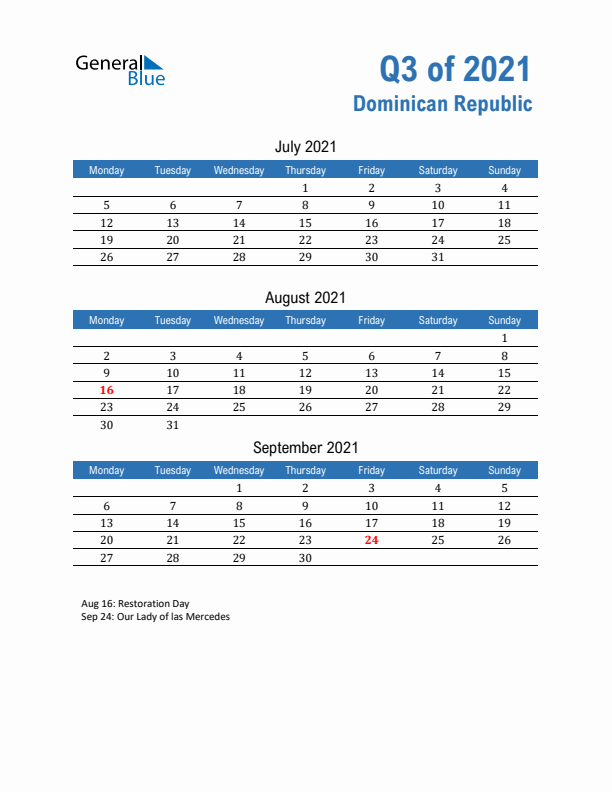 Dominican Republic Q3 2021 Quarterly Calendar with Monday Start