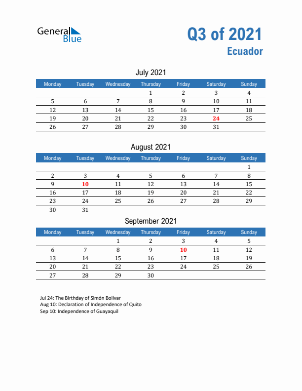 Ecuador Q3 2021 Quarterly Calendar with Monday Start