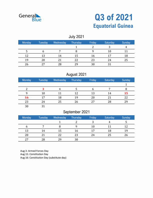 Equatorial Guinea Q3 2021 Quarterly Calendar with Monday Start