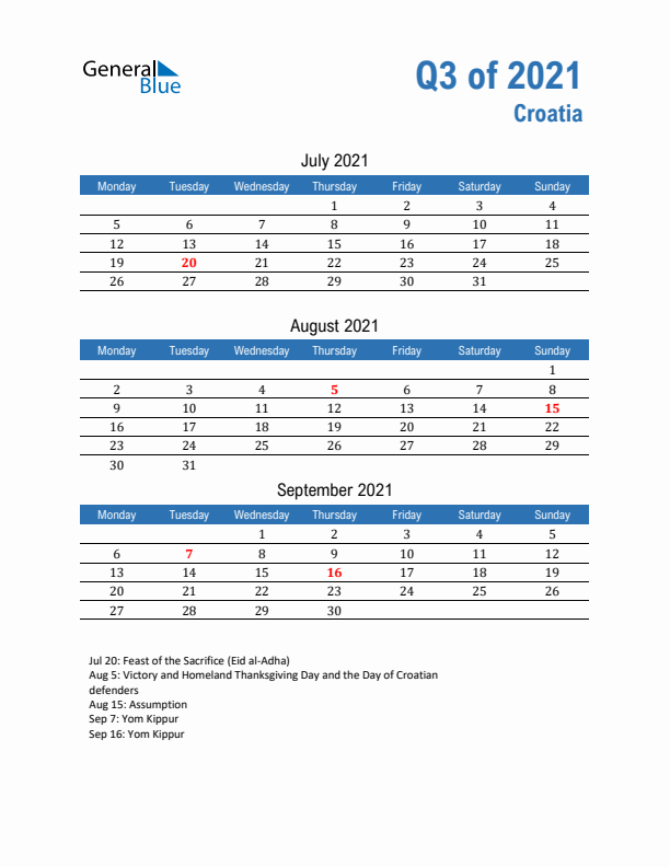 Croatia Q3 2021 Quarterly Calendar with Monday Start